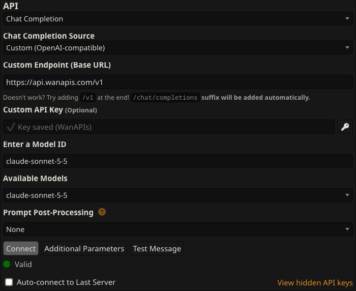 SillyTavern 1.19.0 的 API Connections 面板:Custom (OpenAI-compatible) 填好 WanAPIs 地址后显示 Valid